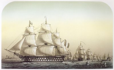 グレートベルトを航行中のフランス艦隊。旗艦Inflexibleが前景に表示され、戦隊を率いています 作： ルイ・ル・ブルトン